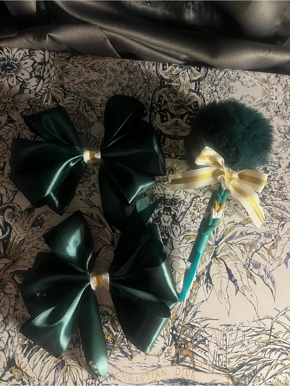 Handmade Forest Green Satin Hair Bow and Pom-Pom Pen Set - Kids Accessories